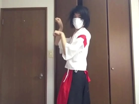 Miko cosplay crossdresser indulges in self-pleasure